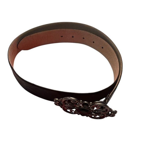 Vintage Black Leather Belt Ornate Silver Stone Buckle Gothic Western Womens 38 - Picture 2 of 8